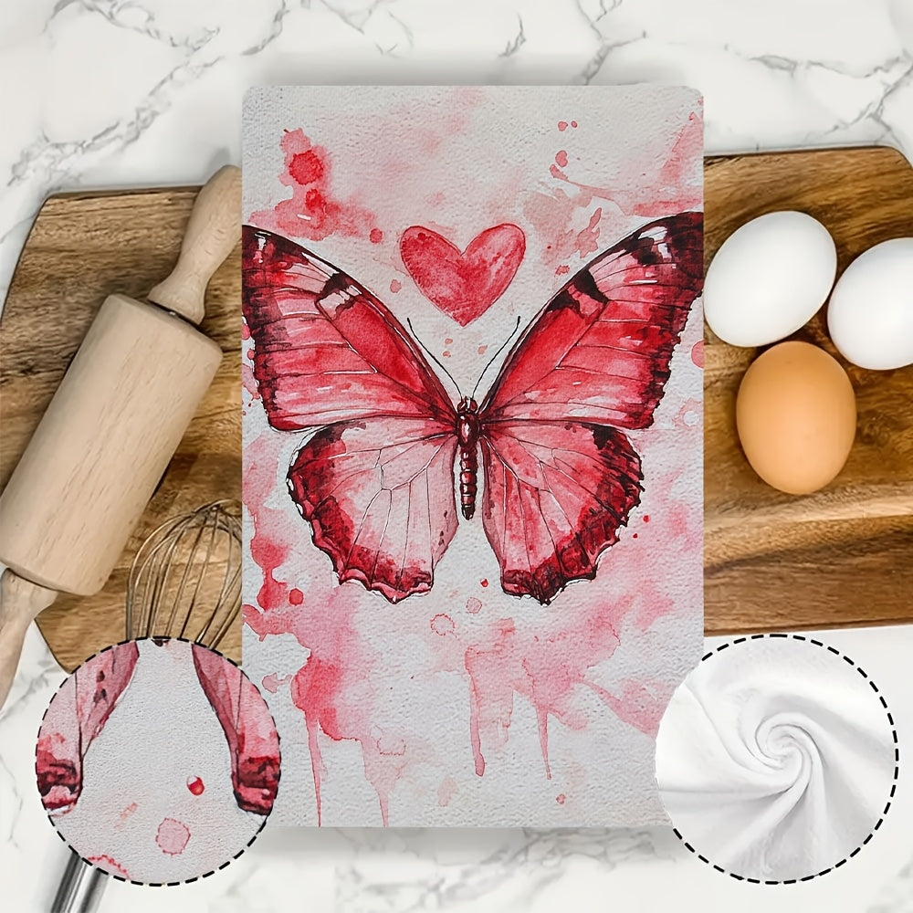 Valentine's Day Kitchen Towels Red Butterfly Heart Absorbent 16x24 Inches