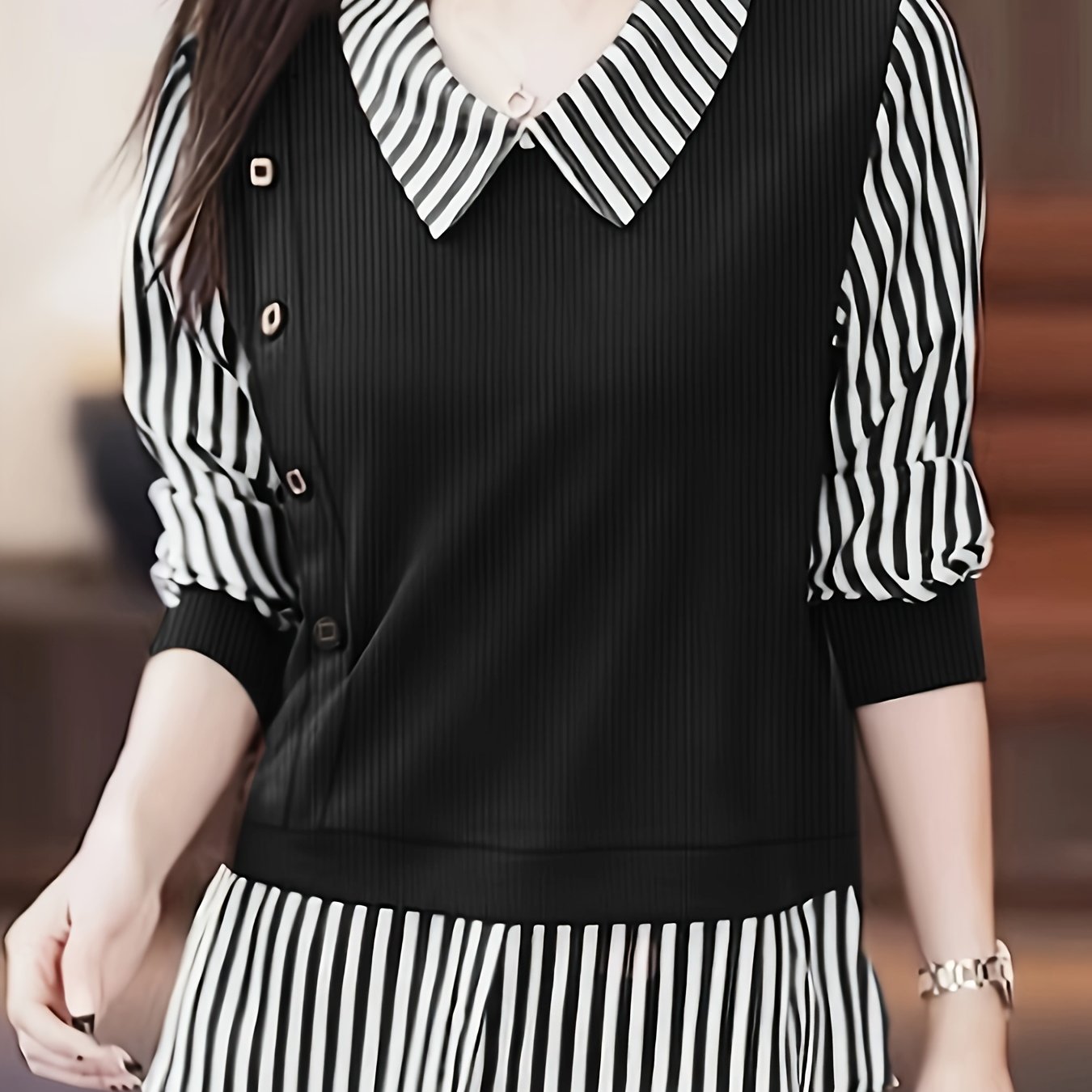 Women's Striped Faux Twinset Blouse with Contrast Collar and Three-Quarter Sleeves