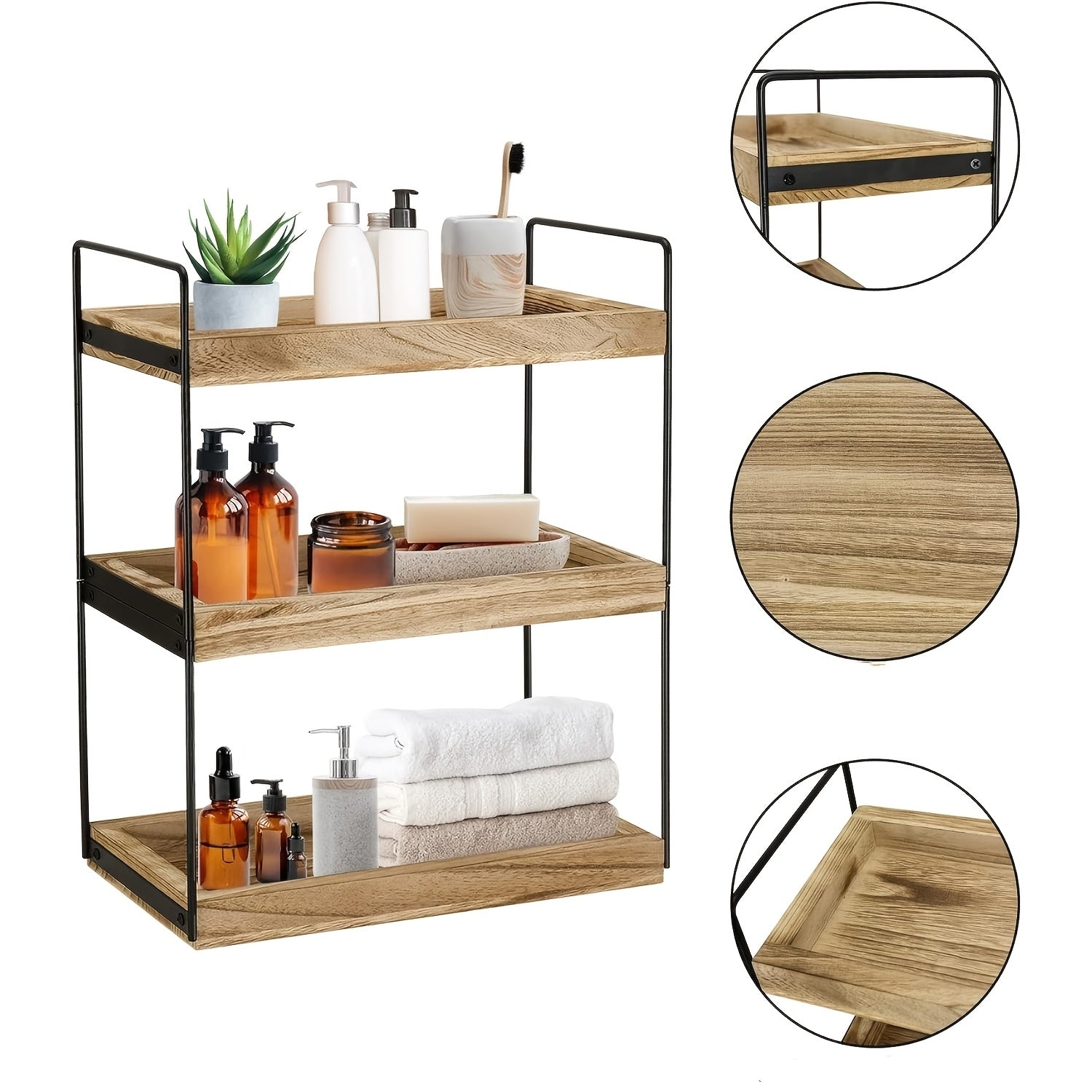 2/3-Tier Solid Wood and Metal Display Rack for Kitchen Bathroom Countertop Organizer