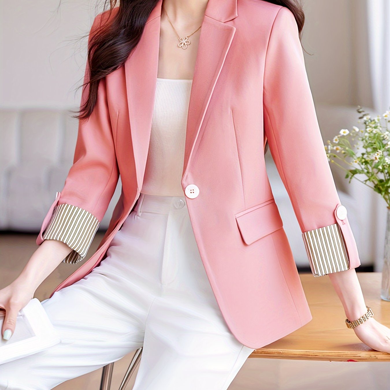 Women's Solid Color Long Sleeve Roll-Up Blazer with Pockets for Fall Winter