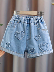 Girls' Denim Shorts with Heart Patches and Elastic Waist for Girls 12 and Under