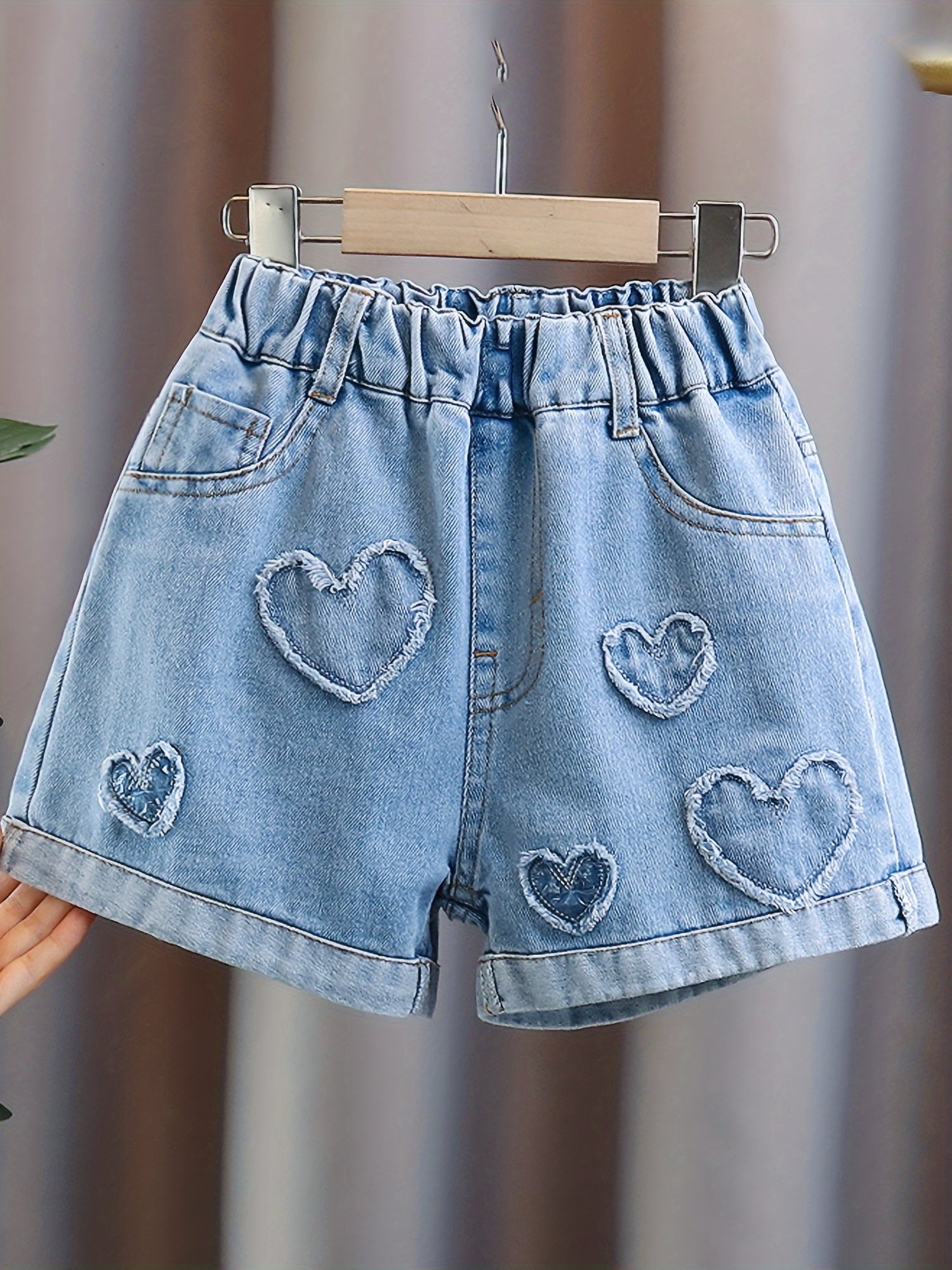 Girls' Denim Shorts with Heart Patches and Elastic Waist for Girls 12 and Under