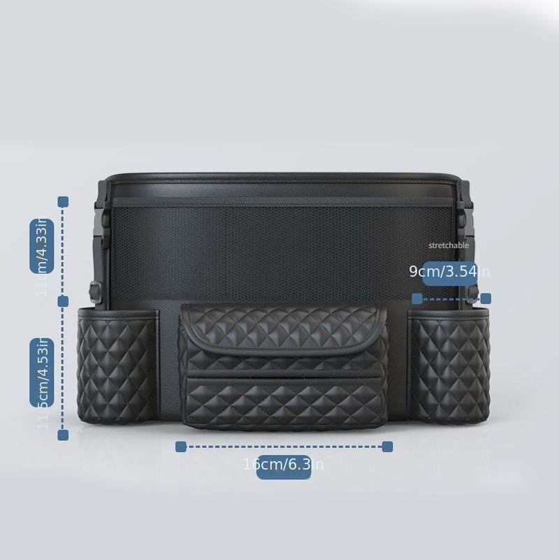 PU Leather Car Seat Back Organizer with Multi-Pocket Storage Waterproof Durable Black Quilted