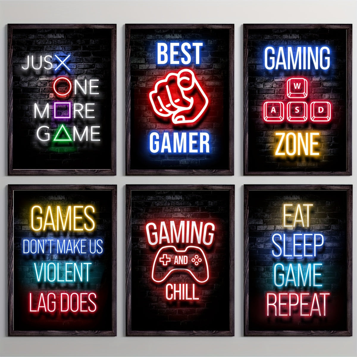 Set of 6 Modern Neon Style Video Game Quote Wall Posters A4 11.4x8.3 Inches Room Decor