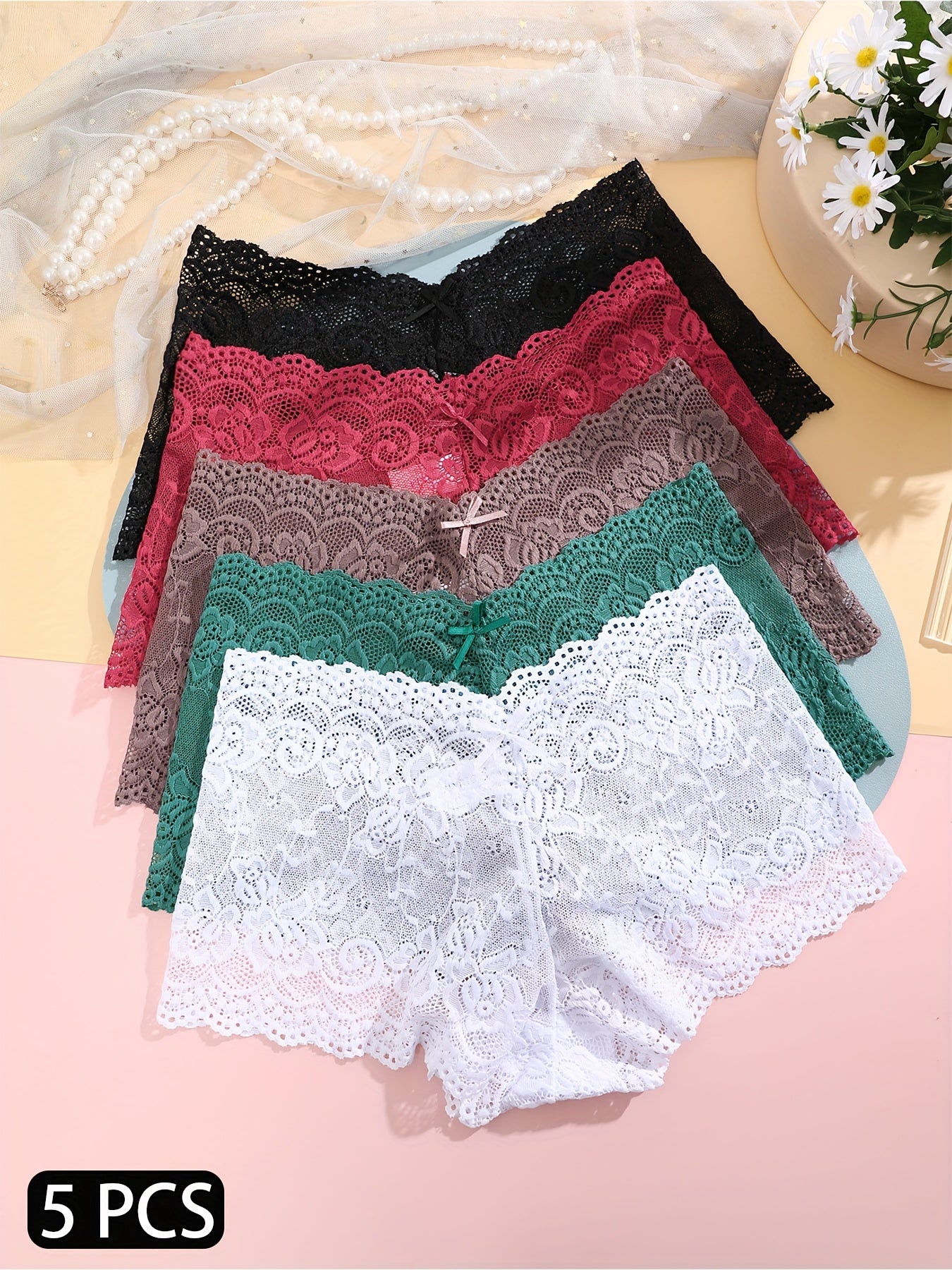 Set de 5 pantalones cortos sexys de encaje floral para mujer de tiro medio de color sólido