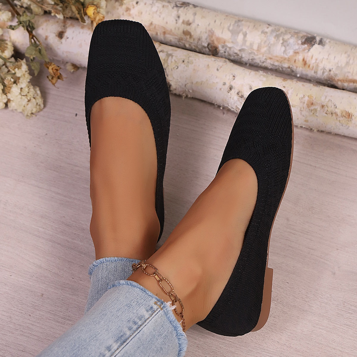 Women's Slip-On Square Toe Flats - Soft Fabric Upper Beige All-Season