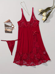 Lingerie Red Lace Mesh Slip Dress with Thong Set V-Neck Bow Detail