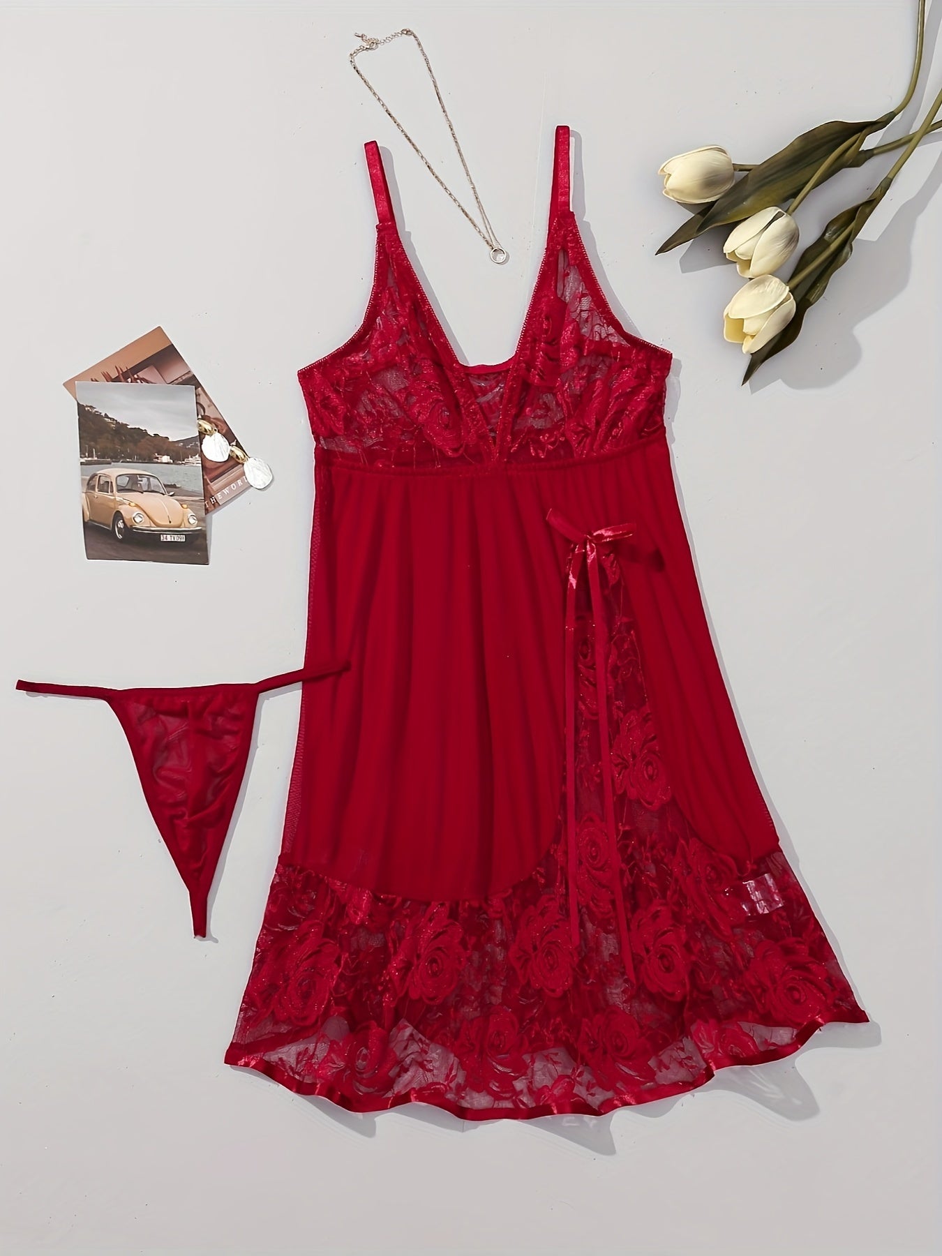 Lingerie Red Lace Mesh Slip Dress with Thong Set V-Neck Bow Detail