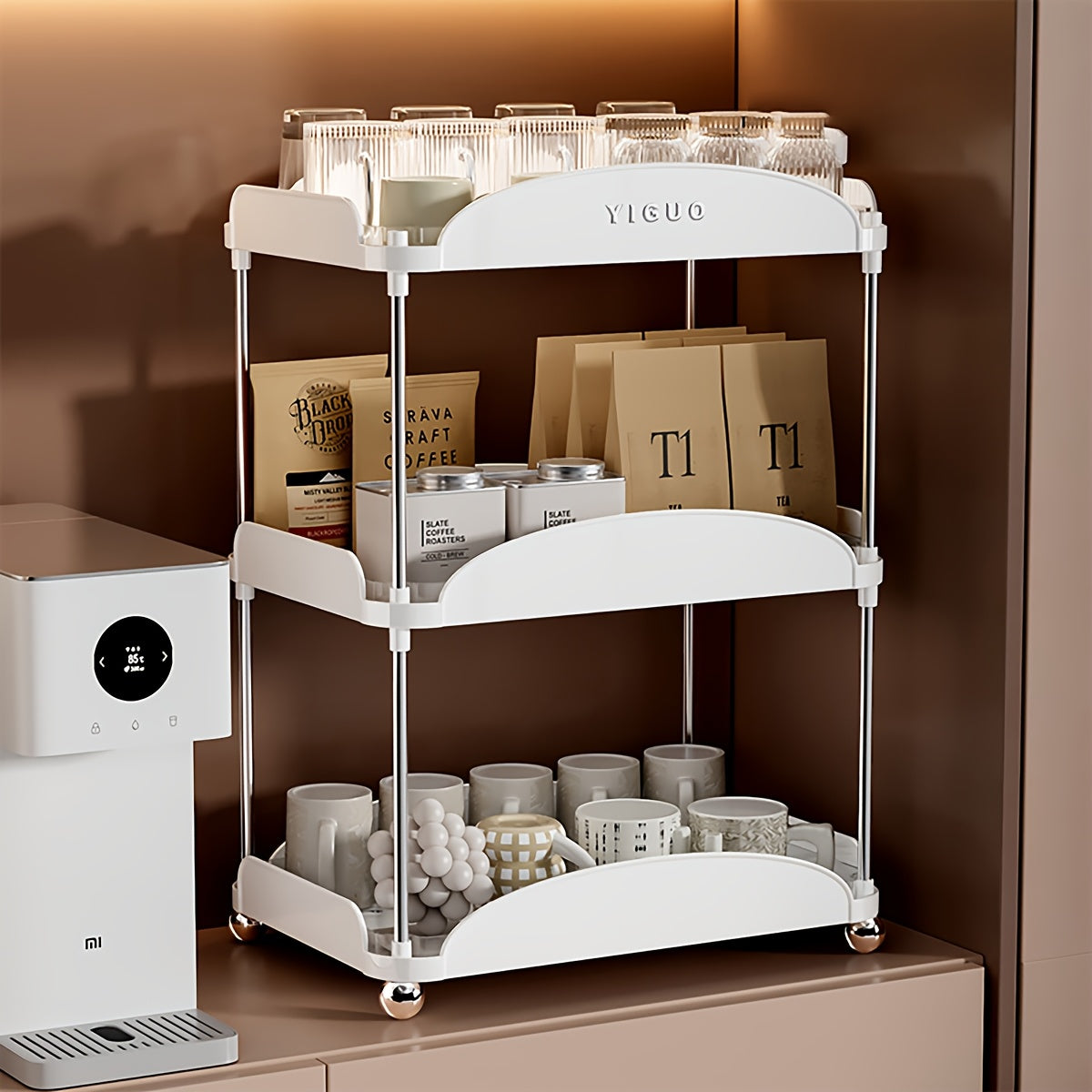 YIGUO Qopqoqsiz Ikki Qavatli Oshxona Tashkiliy Raqami - Chashkalar, Kofe Qoplari, Kofe Podlari uchun - Ochiq Saqlash Dizayni, Ko'p Maqsadli, Assembling Kerak Emas, Stol va Sirt Ko'rsatish Polka Kiritilgan