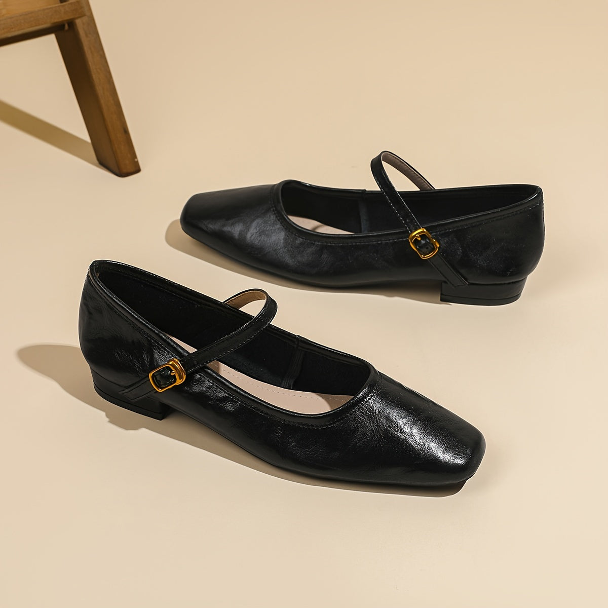 Women Black Faux Cover Mary Jane Flats with Low Heel and Ankle Strap