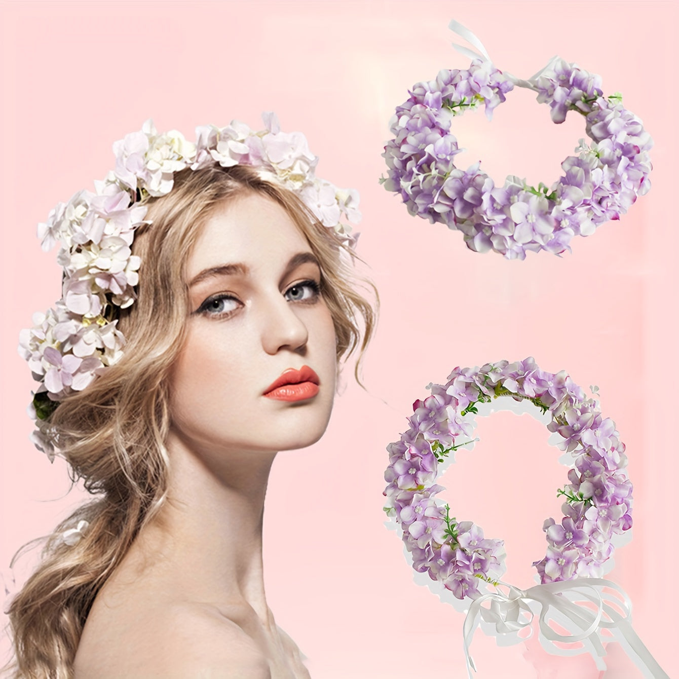 Floral Bridal Headband Hydrangea Flower Crown with Ribbon Tie for Weddings and Parties