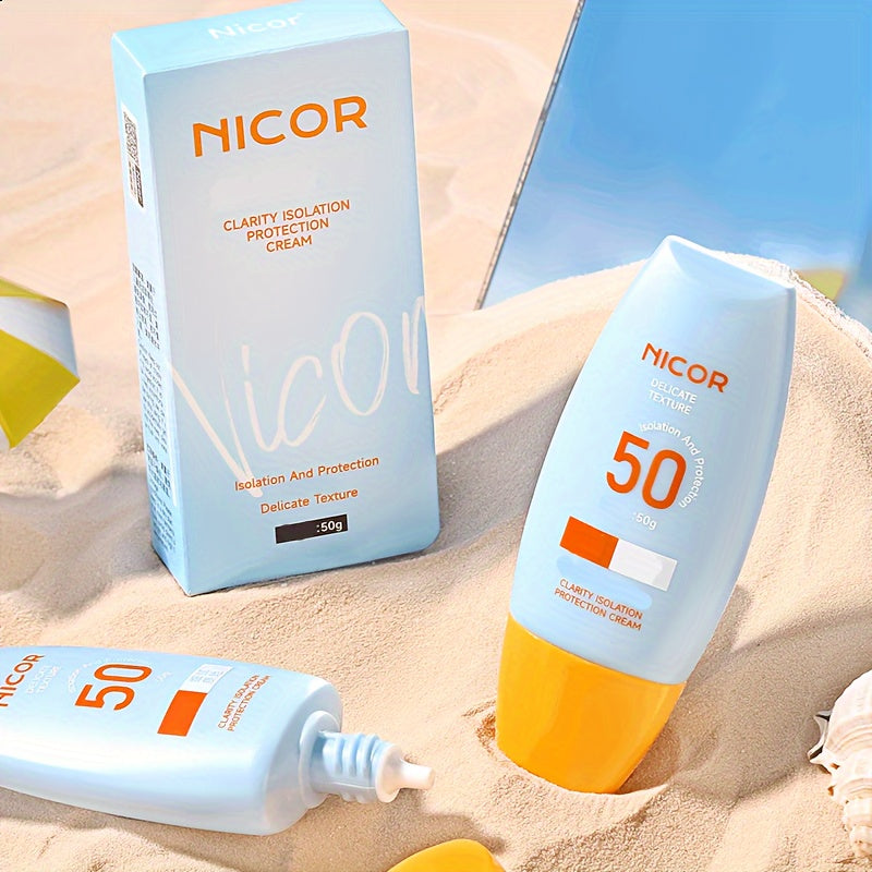 NICOR SPF 50 Quyoshdan himoya kremlari: Formaldegidsiz, barcha teri turlari uchun suyuq formula, bezovta qilmaydigan, namlantiruvchi, engil, UV himoyasi, 50g.