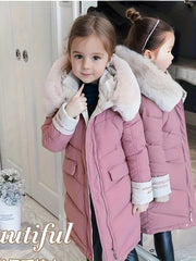 Girls Winter Coat with Faux Fur Hood Polyester Midi Casual Style