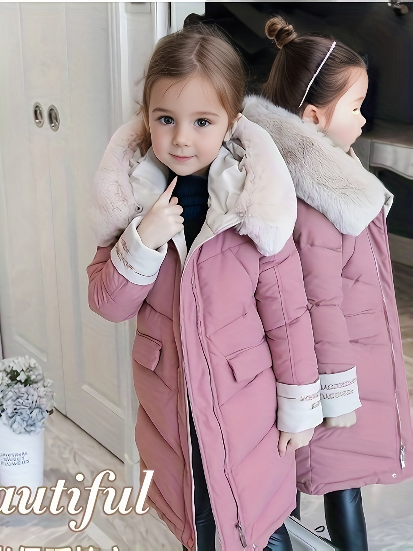 Girls Winter Coat with Faux Fur Hood Polyester Midi Casual Style