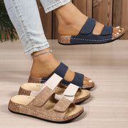 Women's Comfort Slide Sandals Cork Footbed Open Toe Navy Blue Beige