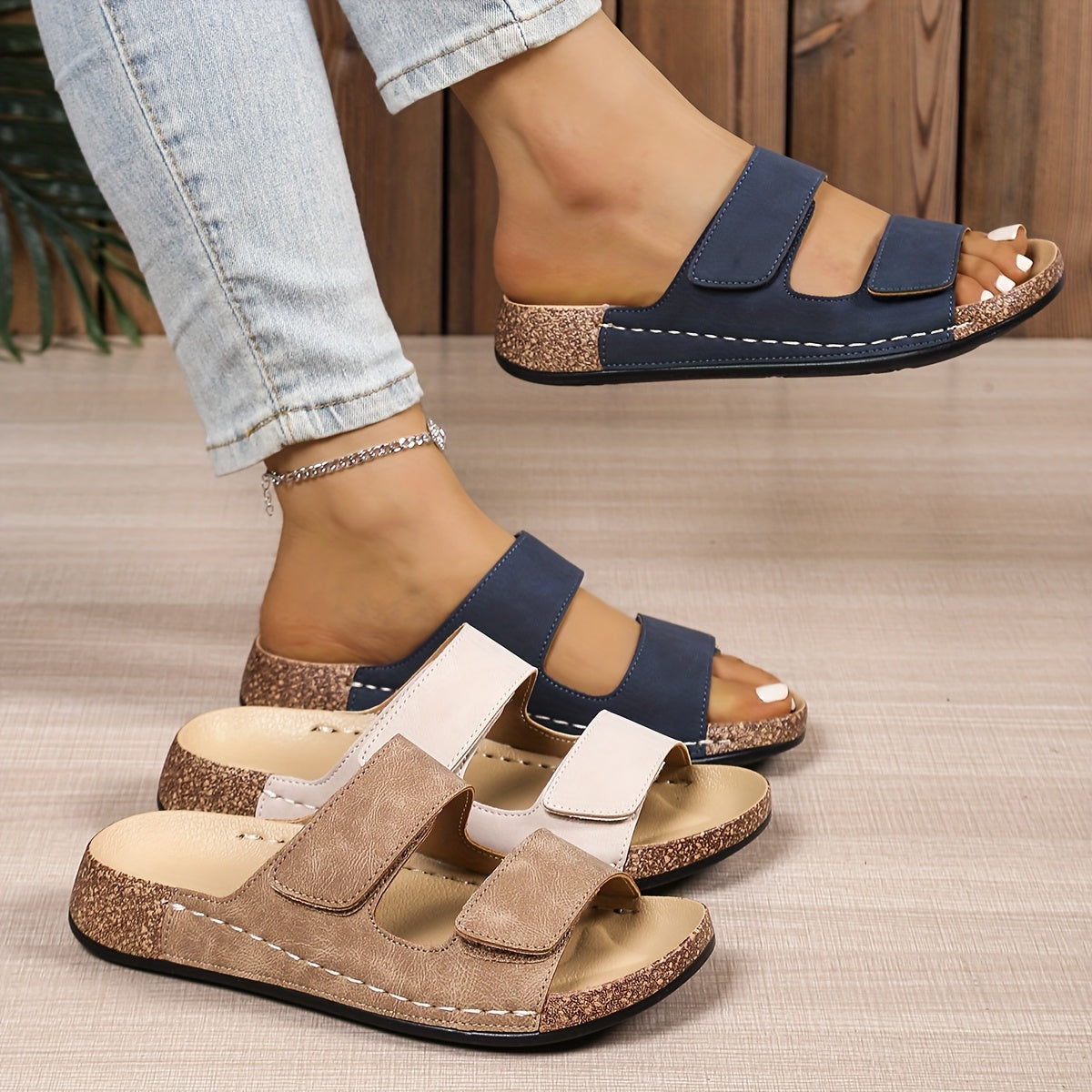 Women's Comfort Slide Sandals Cork Footbed Open Toe Navy Blue Beige