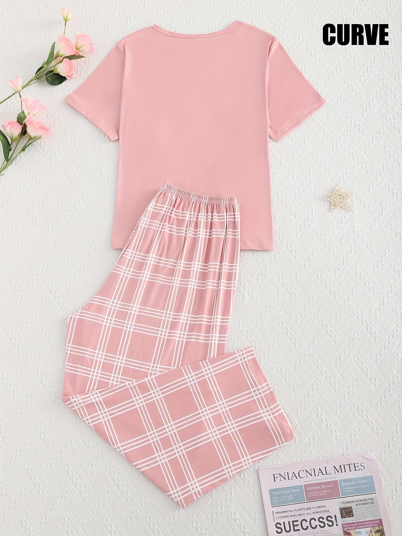 Plus Size Women's Pajama Set Heart Print Short Sleeve Top Plaid Pants