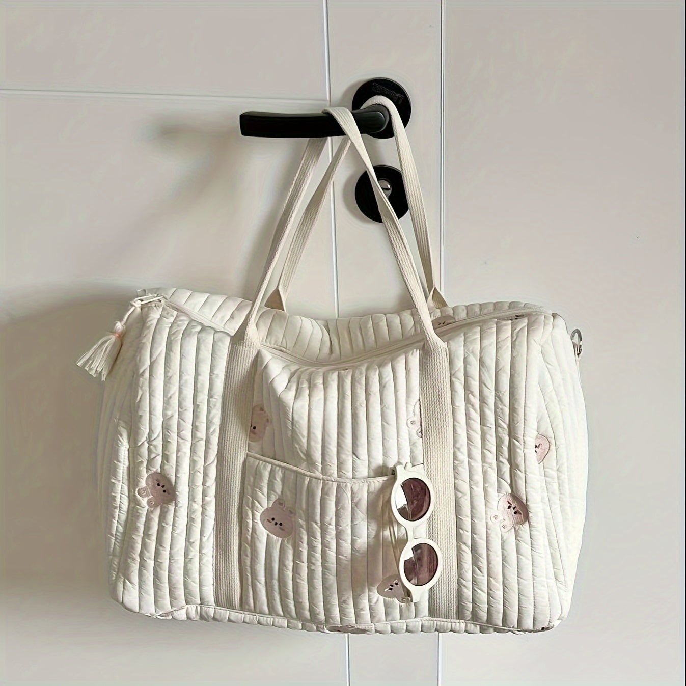 Bolso de pañal acolchado para mamás con bordado de oso, ligero de poliéster, con múltiples compartimentos