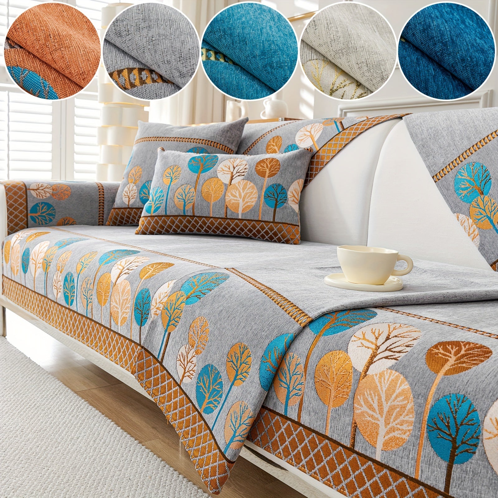 Boho Style Sofa Cushion with Moon and Tree Design Chenille All-Season Pet-Friendly Soft Modern