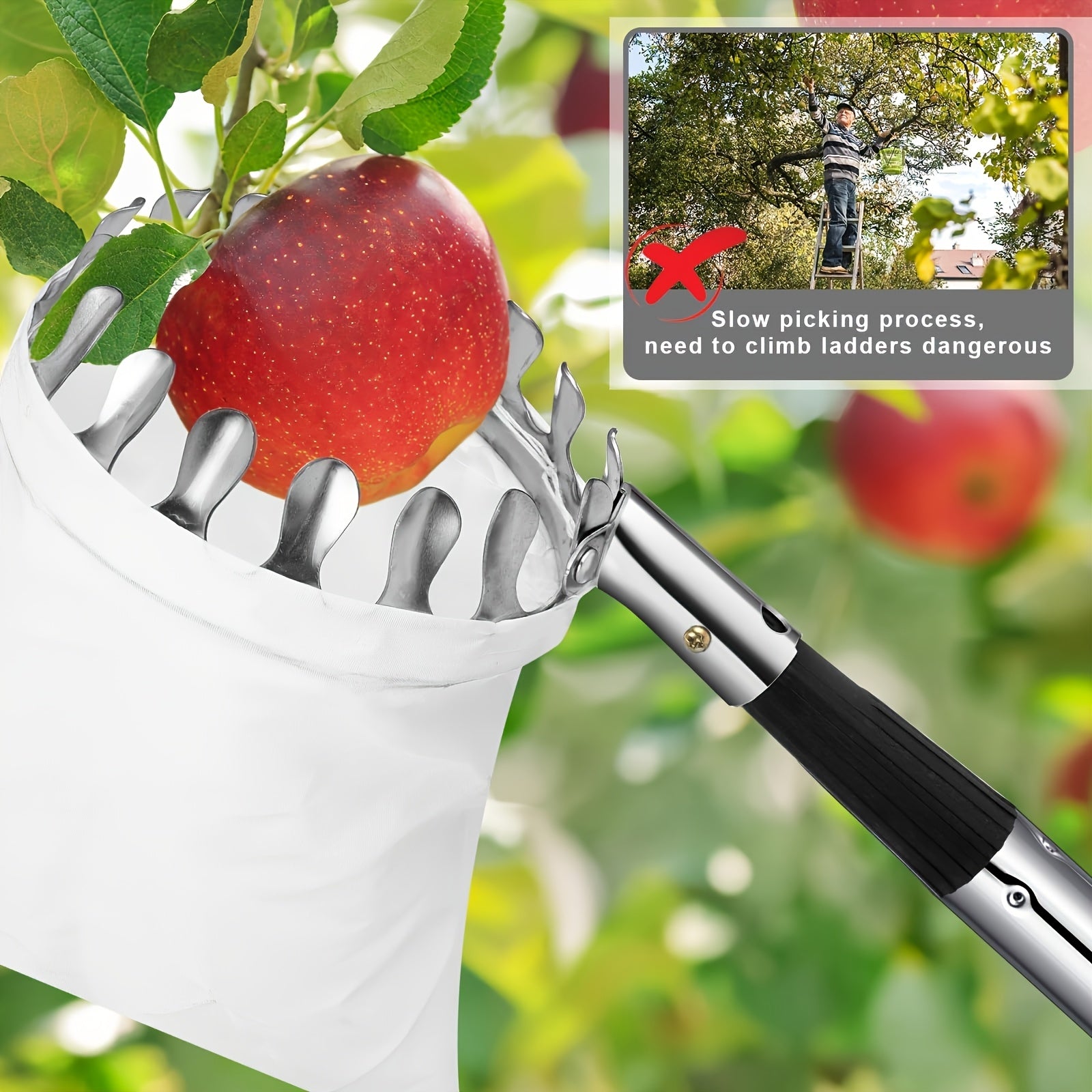 Adjustable 3.35m Stainless Steel Fruit Picker Pole with Large Non-Woven Basket