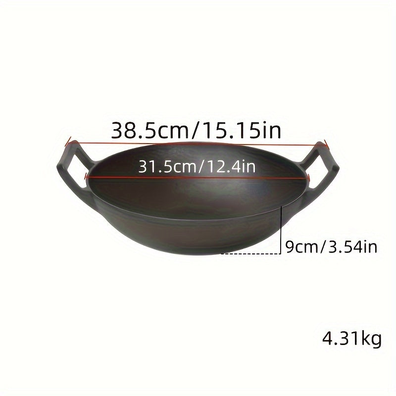 Cast Iron Wok with Lid Double Handles Thickened for Gas Induction Electric Stovetops