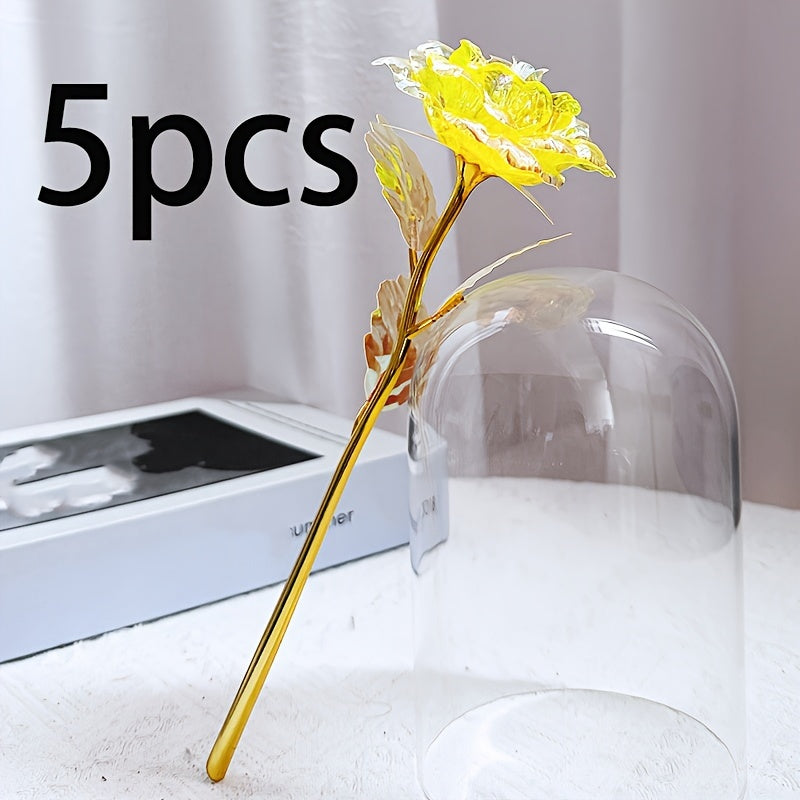 Artificial Rose Flower Set of 5 Gold Crystal Decor for Weddings Parties and Gifts