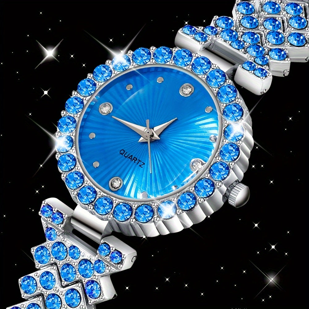 Women's Quartz Watch and Heart-Shaped Gemstone Jewelry Set in Blue Crystal with Zinc Alloy Band
