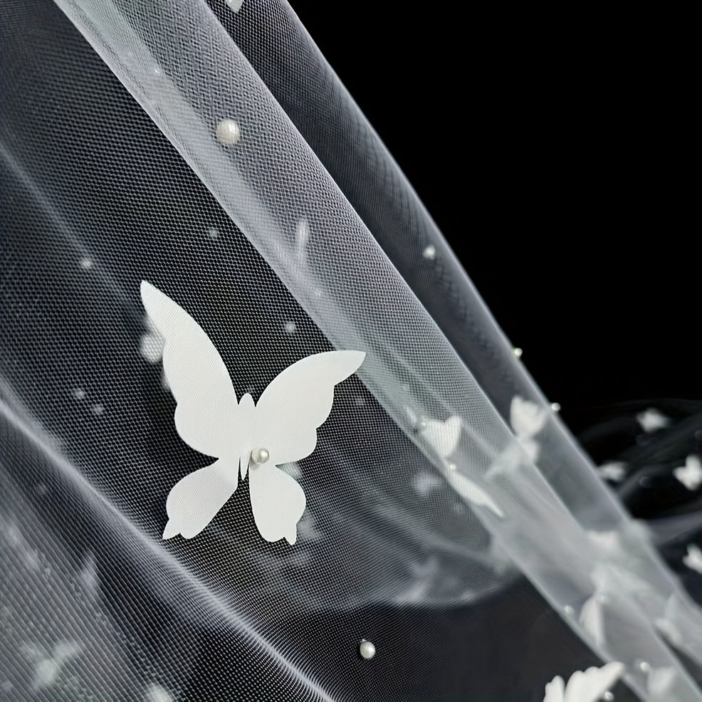 Handcrafted Bridal Veil with Butterflies and Pearls Romantic Yarn Forest-Inspired Wedding Accessory