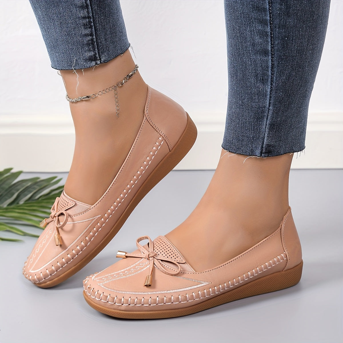 Women's White Faux Leather Slip-On Loafers with Bow Breathable Mesh