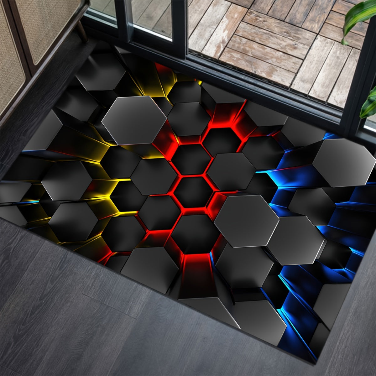 Whimsical 3D Luminous Hexagon Area Rug Soft Non-Slip Cartoon Style