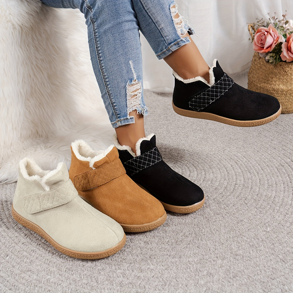 Women's Winter Ankle Boots Fabric Flat Heel Casual Platform