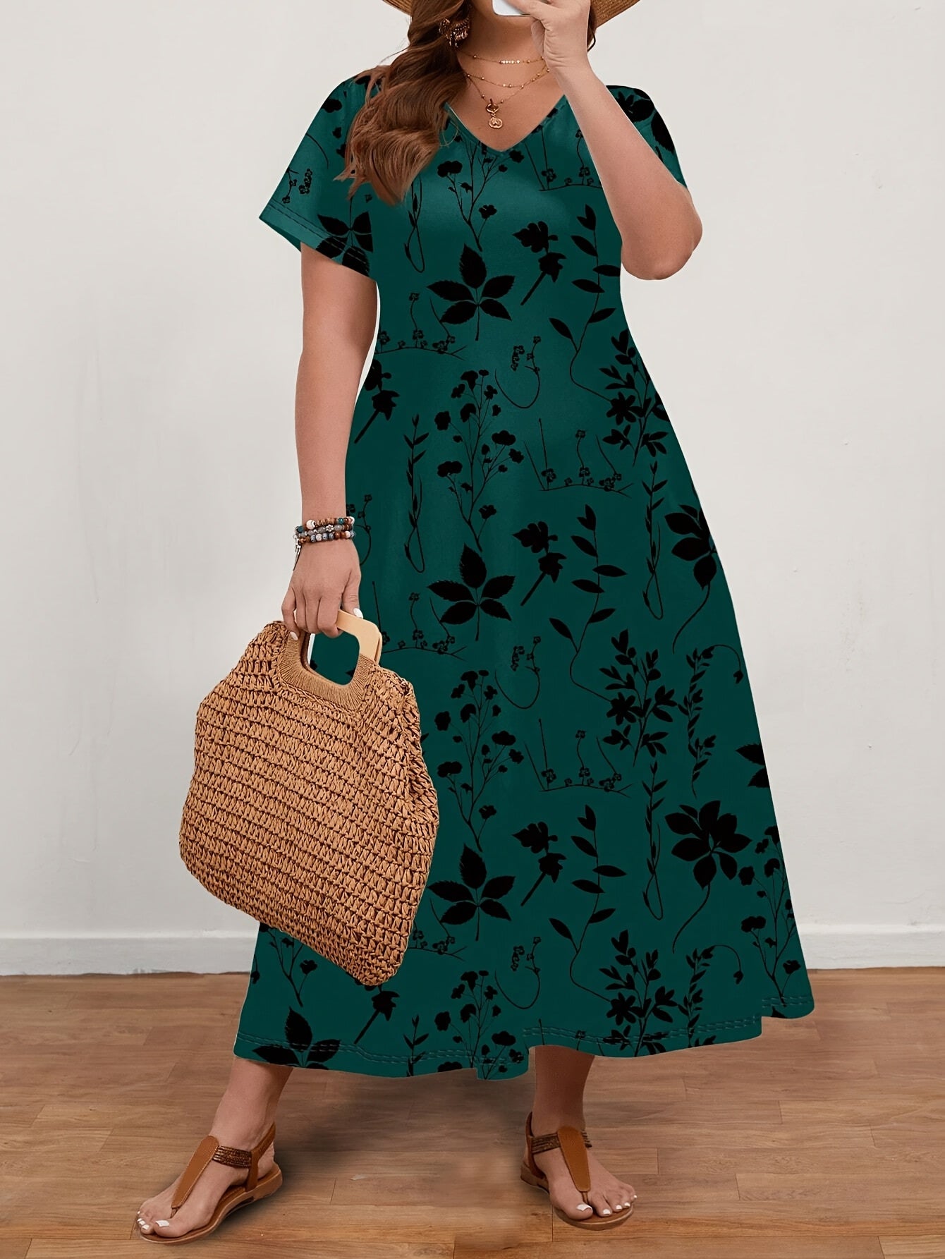 Plus Size White Floral Ankle-Length Dress with Short Sleeves V-Neck Ruffled Hem Polyester Blend