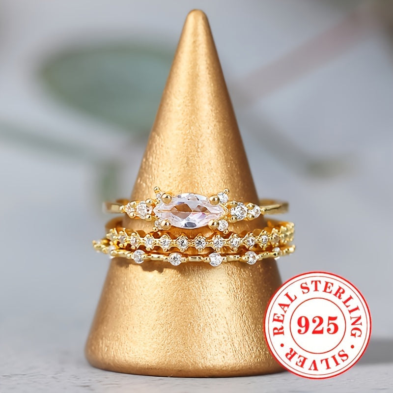 Sterling Silver Stackable Rings Set of 3 with Cubic Zirconia for Women