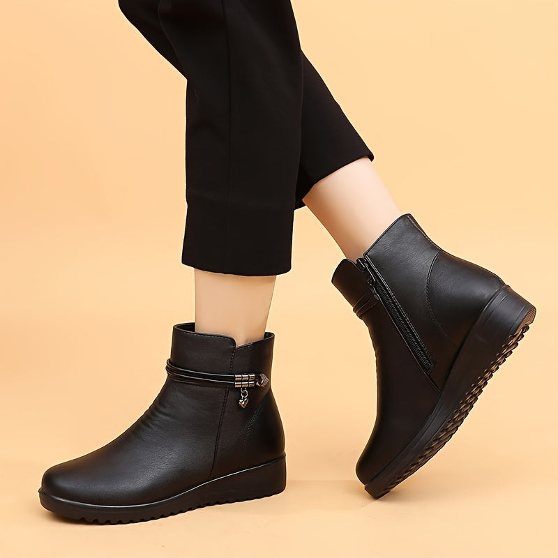 Women's Fleece-Lined Winter Boots Mid-Calf Waterproof Black Casual