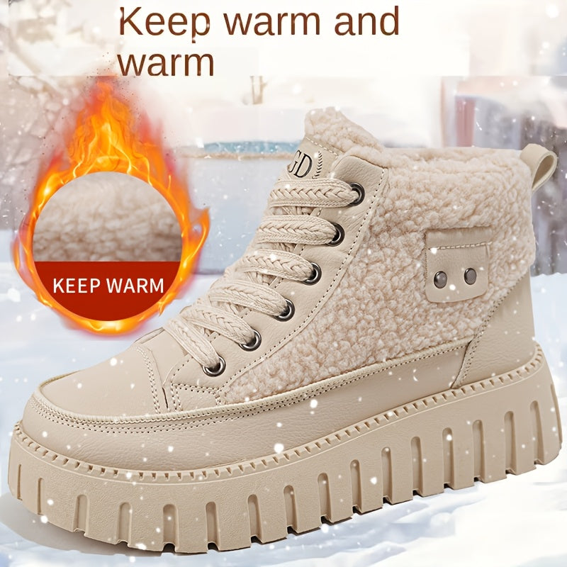 Women's Fleece-Lined Winter Boots Beige Rubber Sole Lace-Up Mid-Calf Snow Boots