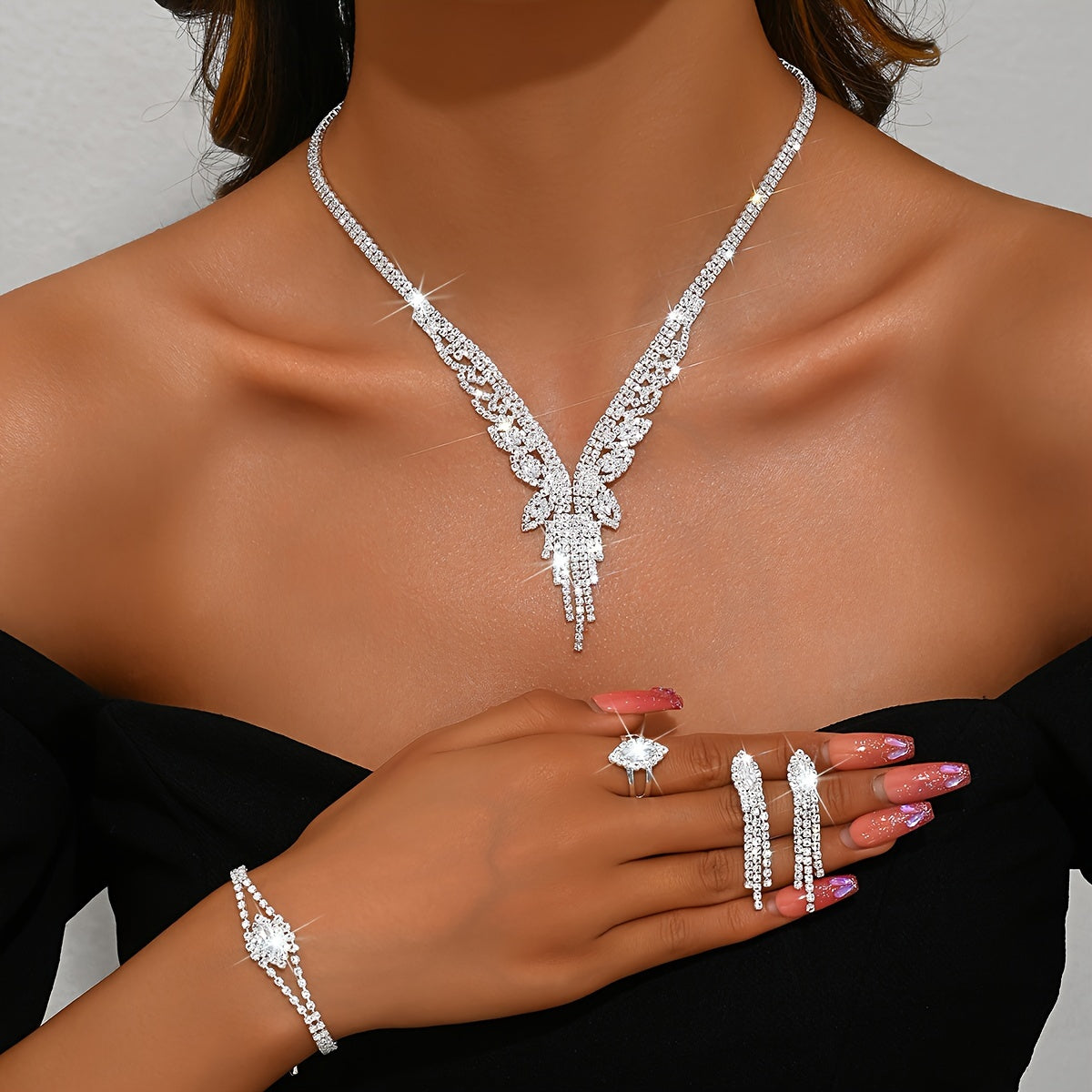 Silver Plated Copper Bridal Jewelry Set with Synthetic Zirconia Necklace Bracelet Earrings