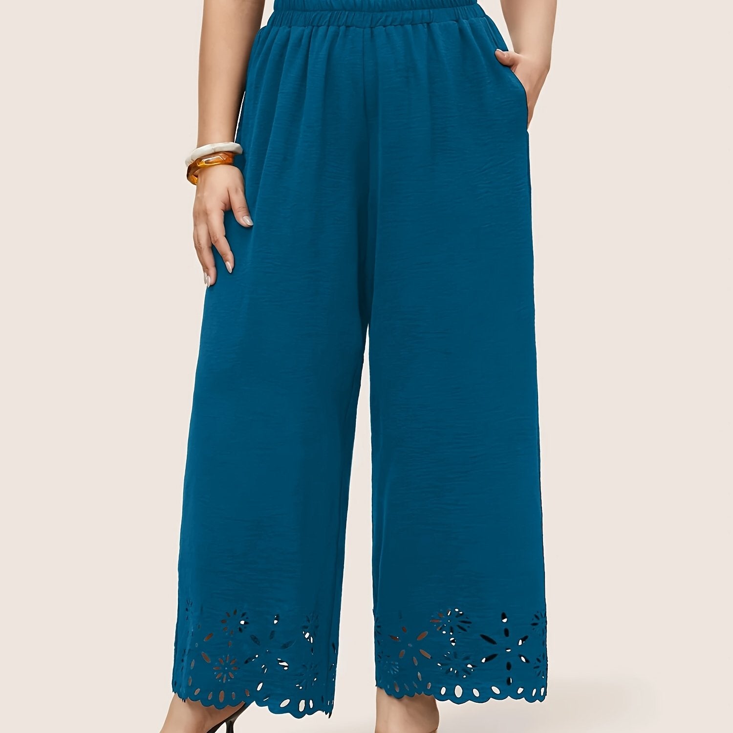 Plus Size Women's Wide Leg Pants Elastic Waist Stretchy Fabric Pockets Black