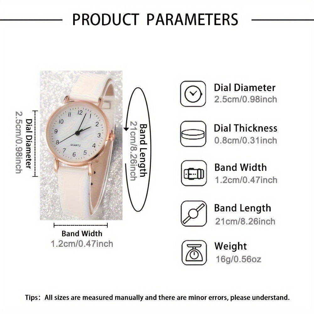 Women’s 6-Piece Quartz Watch and Jewelry Set with Leather Strap and Alloy Case