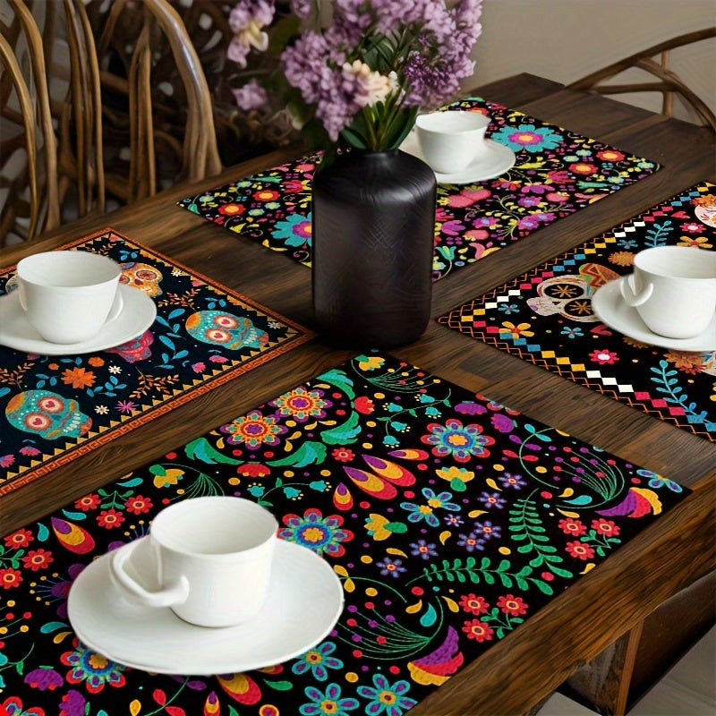 4 manteles individuales de calaveras de azúcar para el Día de los Muertos con patrones florales coloridos para comidas festivas