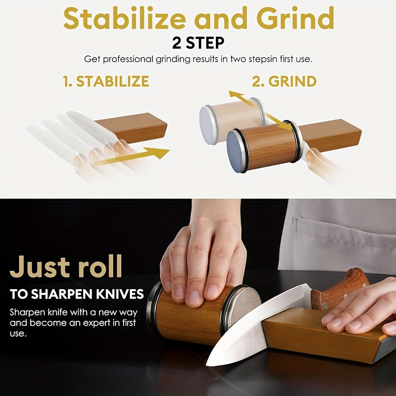 Magnetic Diamond Knife Sharpener with Aluminum Kitchen Tool, 15/20 Degree Angle, Wooden Base