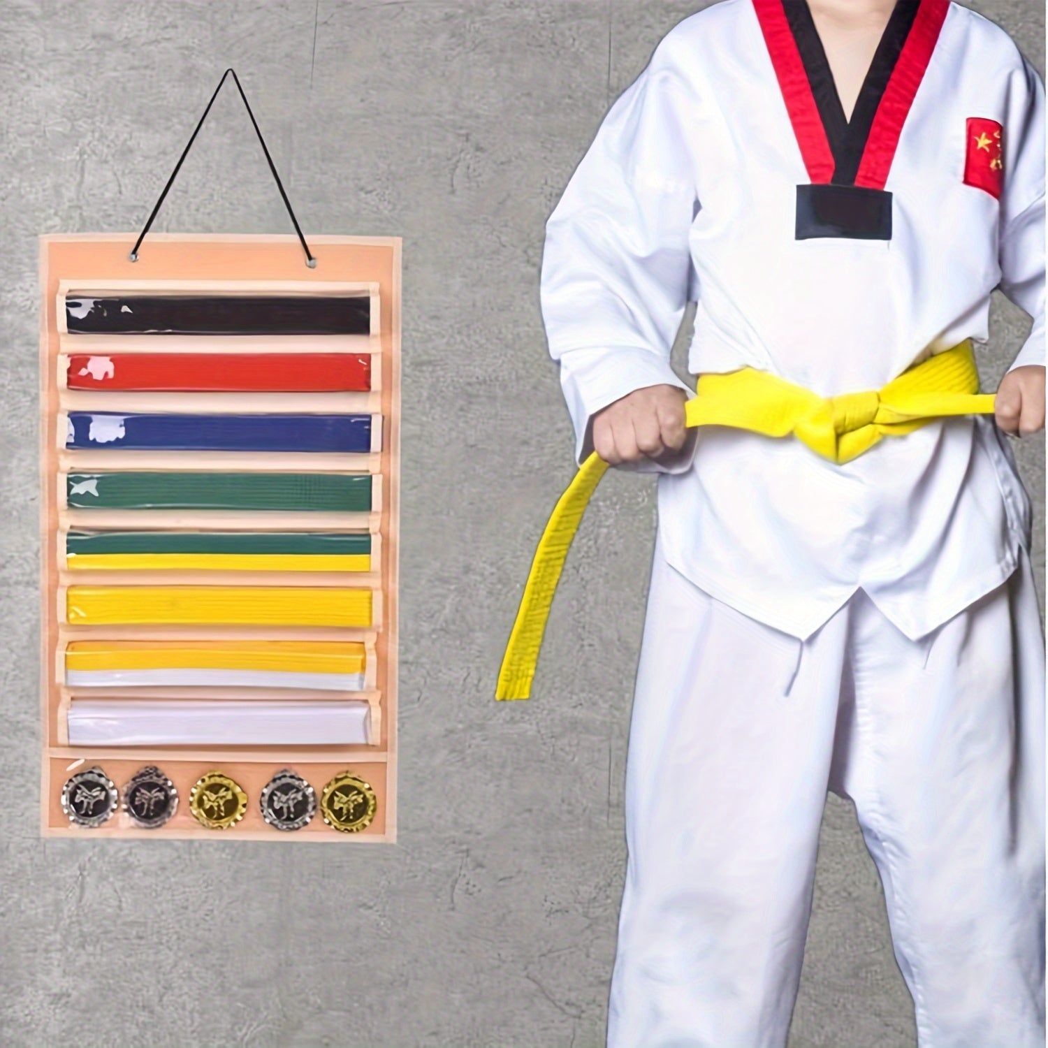 Martial Arts Belt and Medal Organizer Wall Rack with 9 Clear Pockets