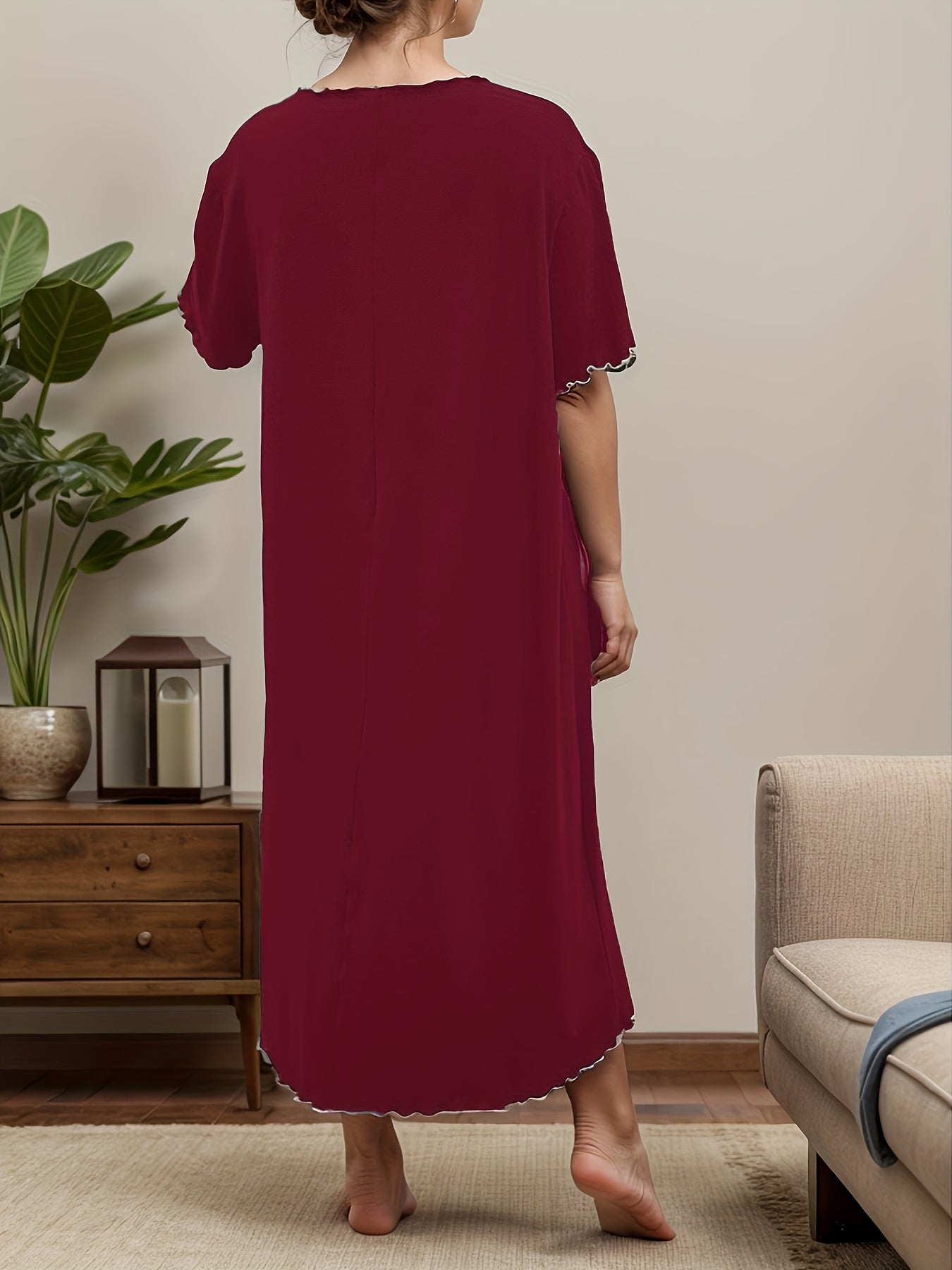 Plus Size Women's Red Satin Ruffle Hem Nightgown Dress