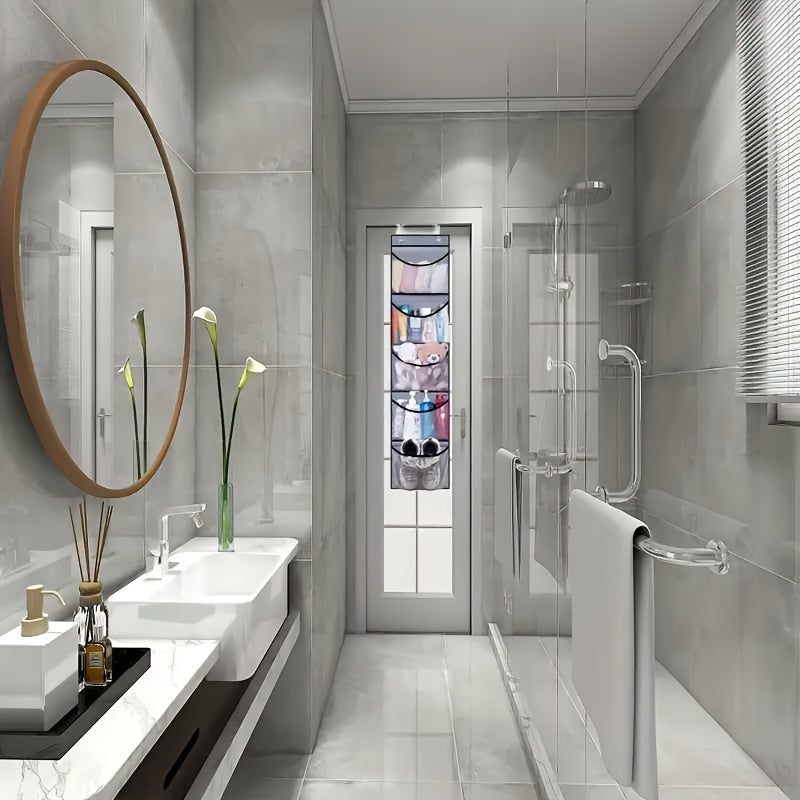 Bolsa de almacenamiento colgante de gran capacidad en gris con 5 bolsillos para organización en armario y baño