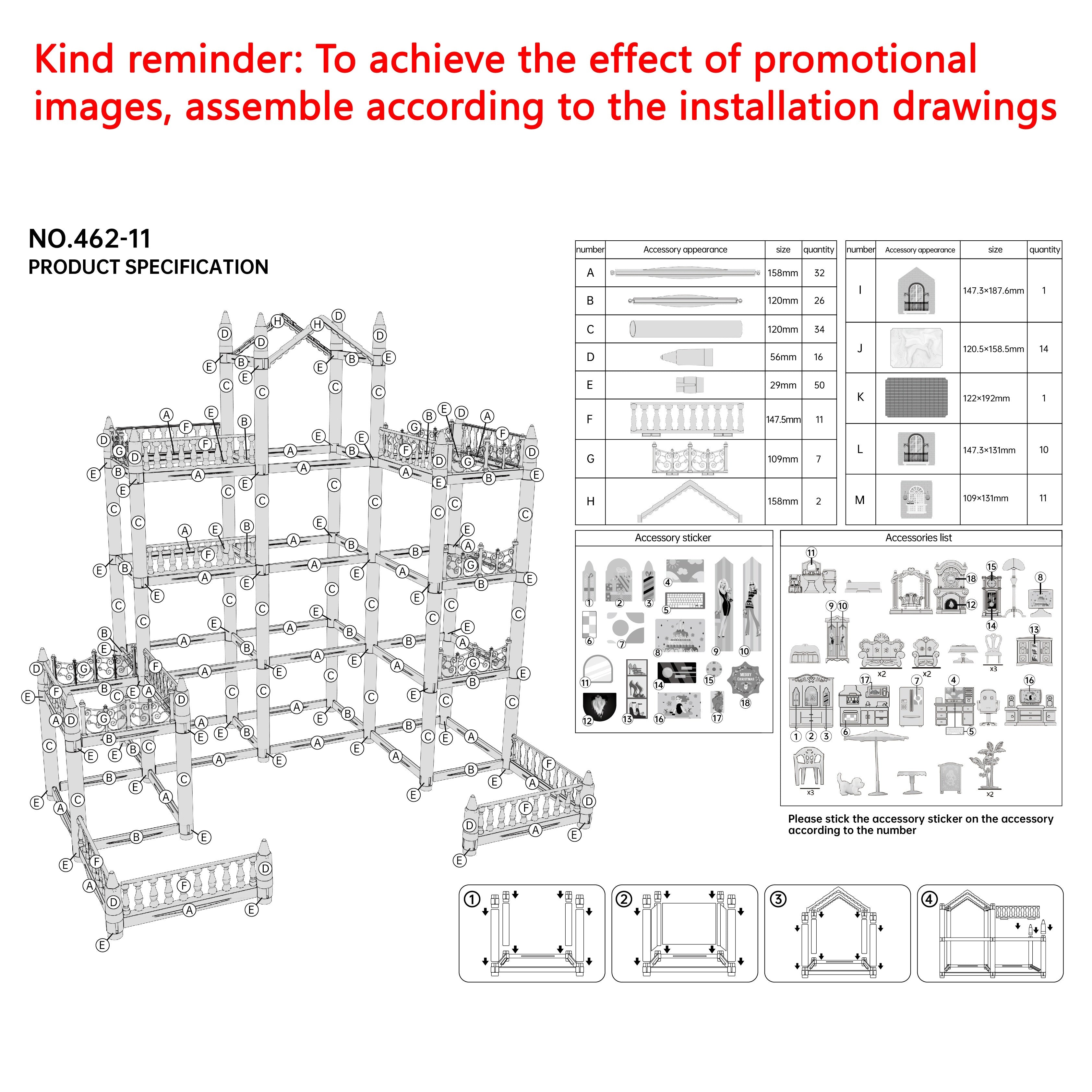 Pink Dollhouse Set for Girls Aged 5-9 with 11 Rooms and Furniture Accessories