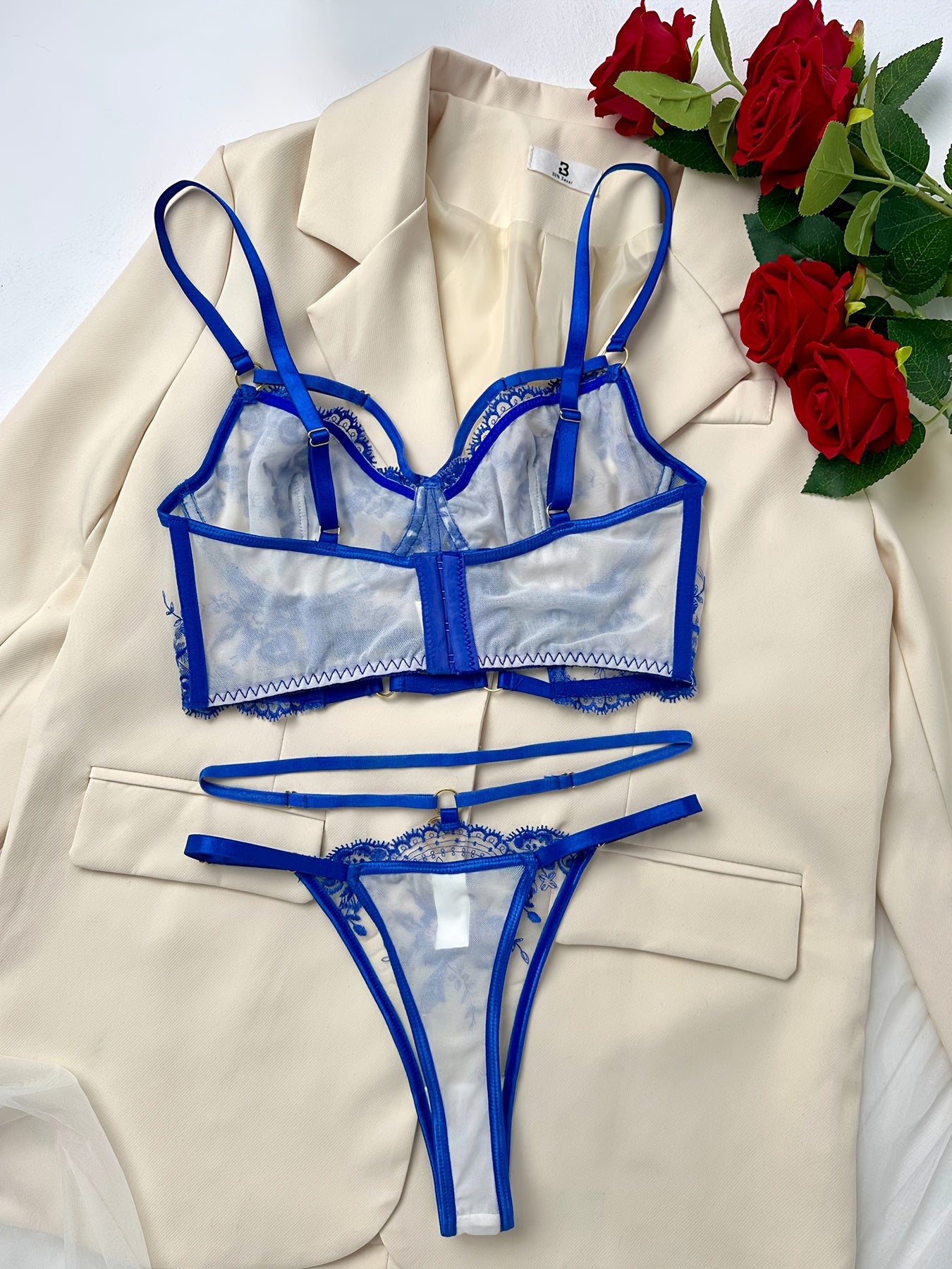 Women's Black Embroidered Mesh Lingerie Set for Valentine's Day