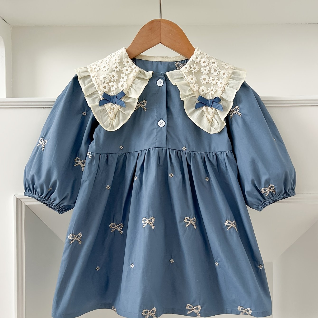 Girls' Navy Blue Cotton Princess Dress with Bow Ruffled Collar and Long Sleeves