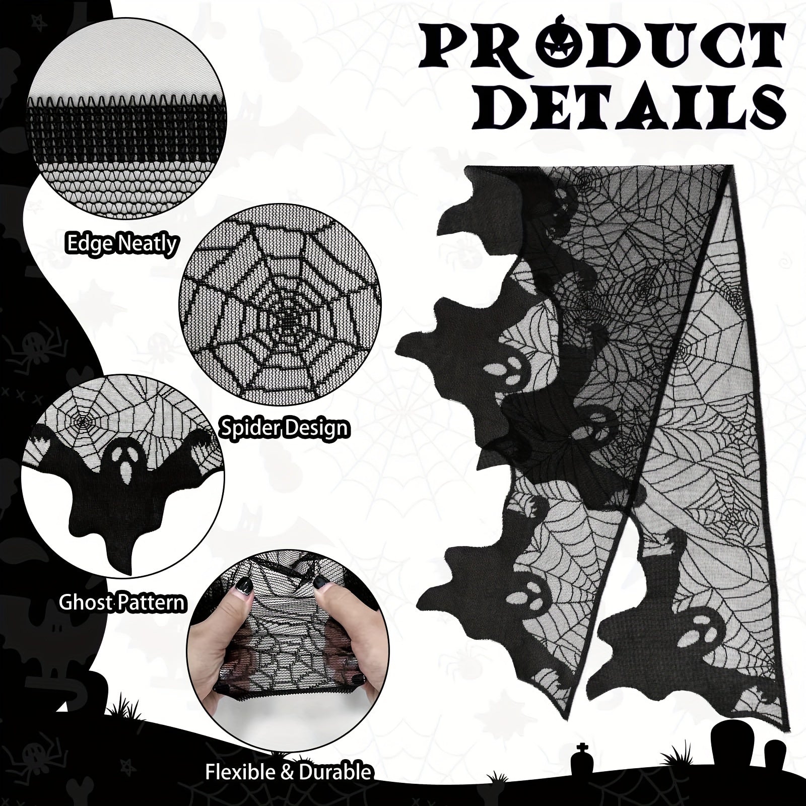 Qora tikanli to‘qilgan aragnid tarmog‘i pechka qopqog‘i uchun mato G‘arbiy gotik Halloween bezaklari