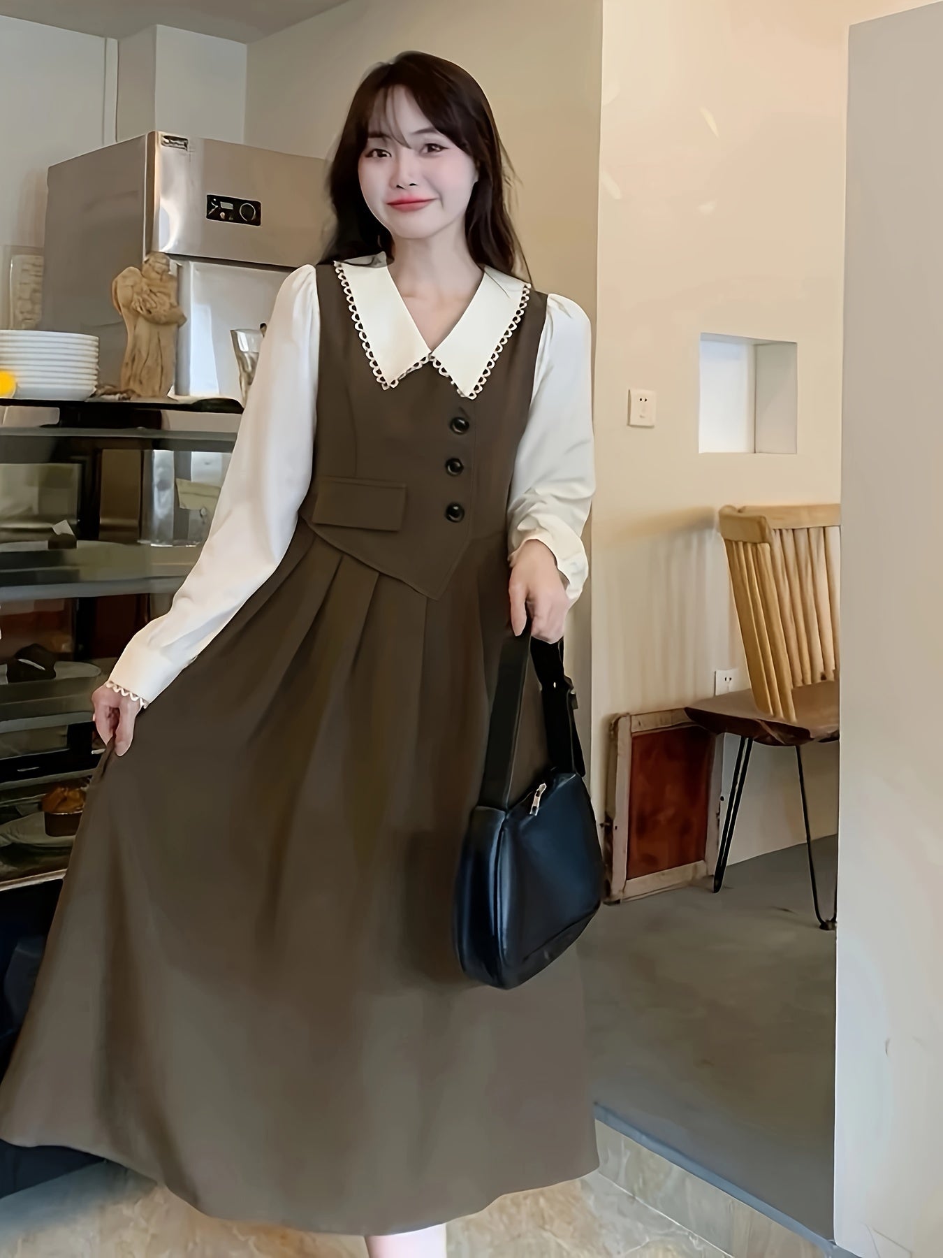 Teen Casual Lace-Trim Collar Shirt Dress in Solid Polyester Blend