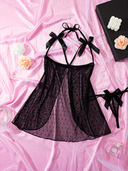 Women's Black Backless Babydoll Lingerie with Halter Neck and High Slit