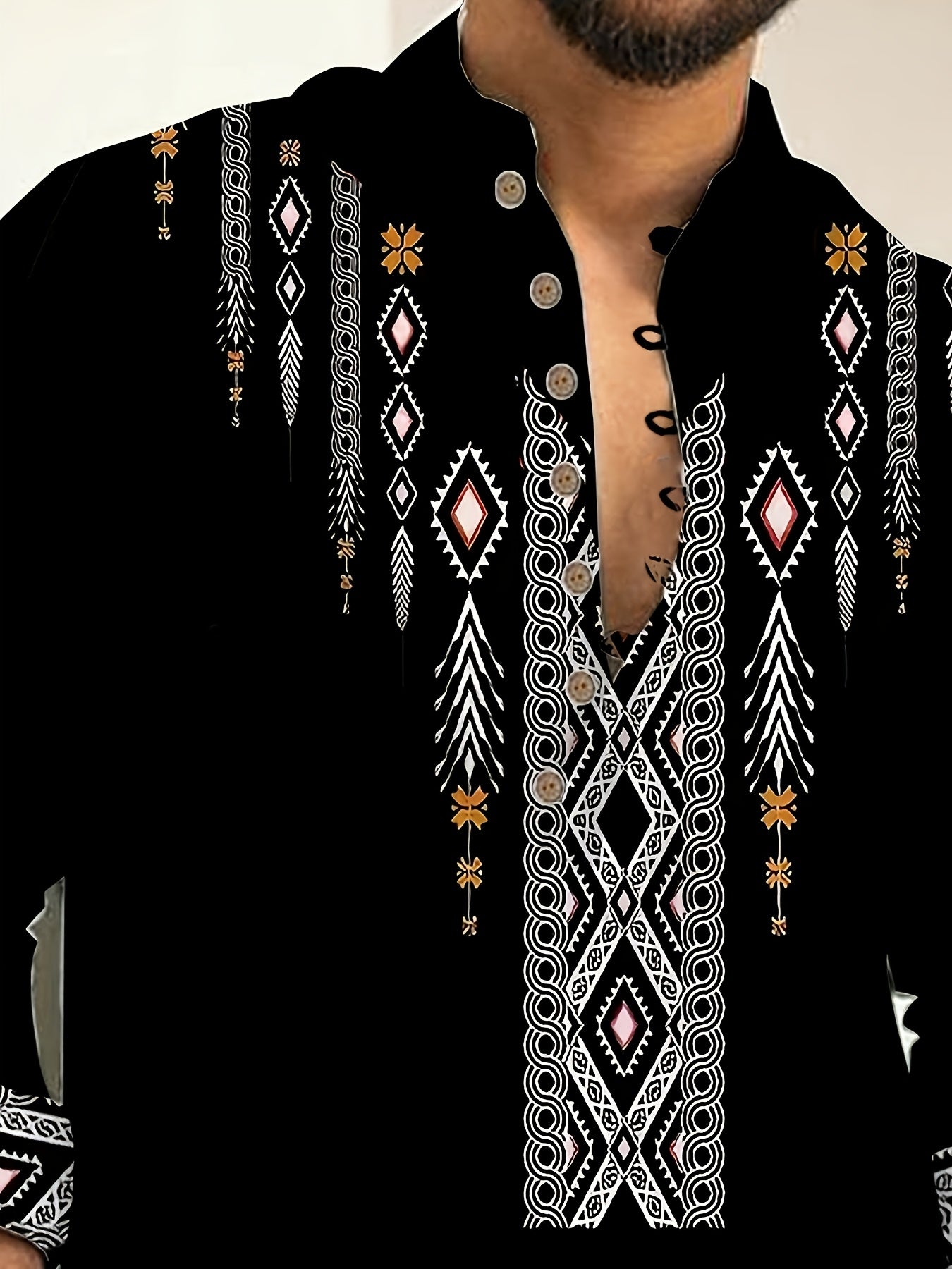 Men's Long Sleeve Striped Color Block Woven Shirt with Stand Collar